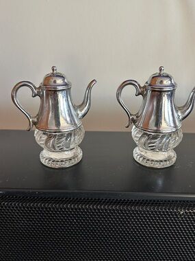 Silver Glass Miniature Teapot Salt and Pepper Shakers - Set of 2